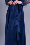 Long dress with sequined bodice and feathers, navy blue