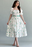 Green autumn leaf print dress