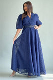 Long navy blue embroidered cloche dress