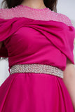Off shoulder embroidered midi dress in fuchsia