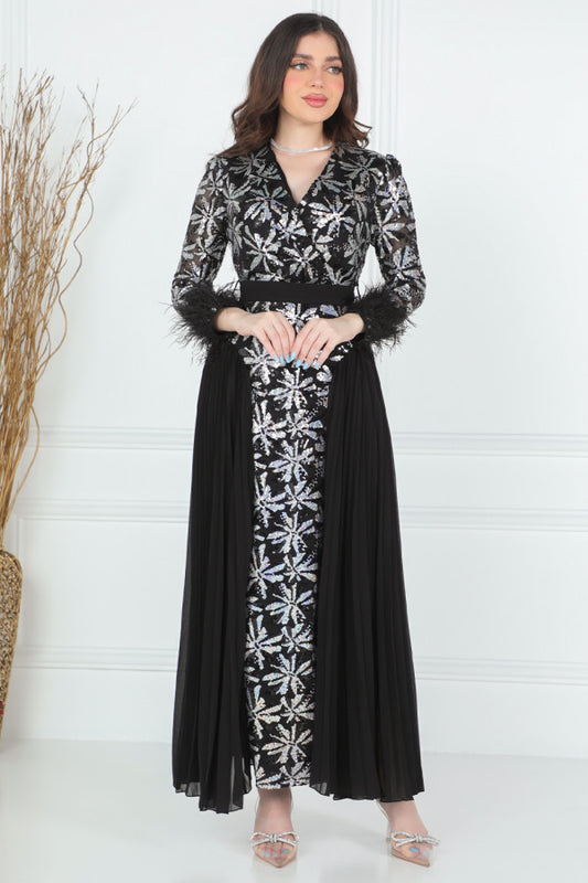 Black sequin embroidered plisse dress