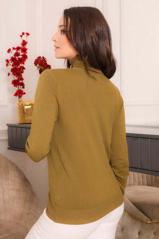 Winter blouse with high collar and long sleeves, olive color 