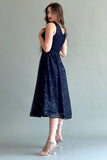 Short evening dress made of mesh tulle with sequins, navy blue