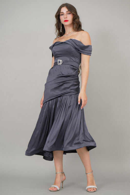 Dark gray asymmetric pleated dress