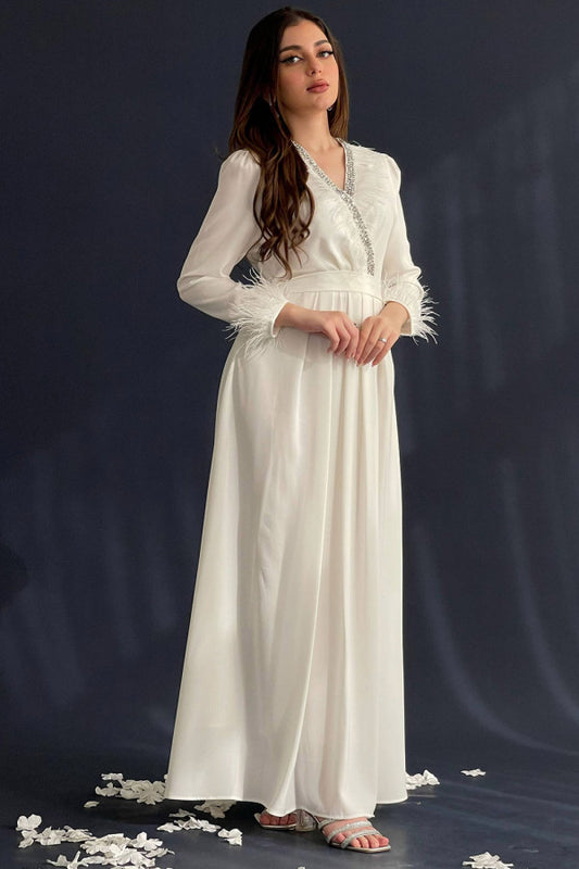 White crystal feather crepe dress