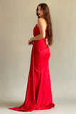 Red silk satin dress with crystals