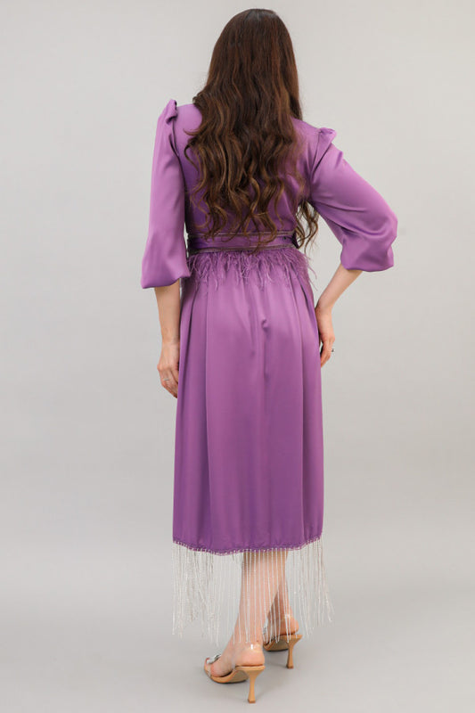 Midi dress with crystal fringes in mauve color