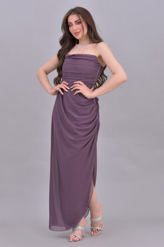 Draped chiffon dress with side slit, mauve color