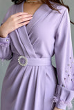 Wrap style dress with crystal embroidered sleeves, mauve color