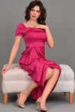 Satin off-shoulder midi dress with slit, fuchsia color