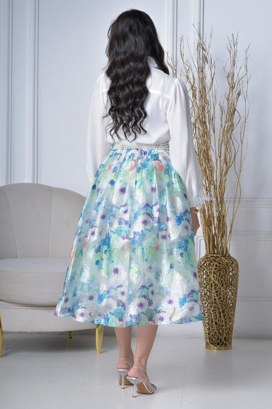 Floral blouse and skirt set with a Lulu belt, green and white 