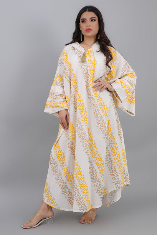 Moroccan galabiya with Islamic patterns, yellow