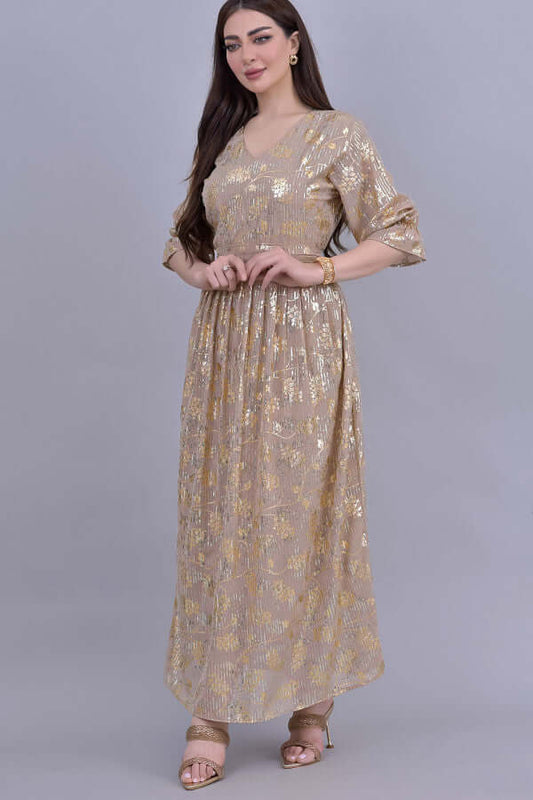 Jalabiya dress design embroidered with golden beige sequins