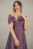 Mikado taffeta evening dress with bow sleeves, mauve color