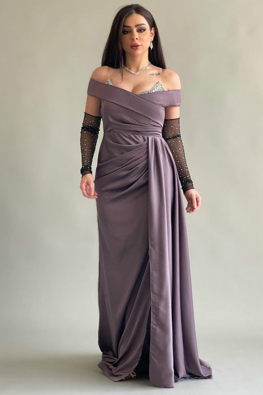 Mauve color embroidered satin evening dress