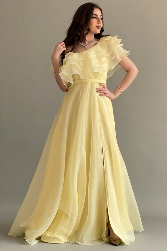 Yellow one-shoulder cloche dress with layers of ruffles