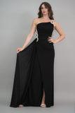 Black one-shoulder jersey evening dress embroidered with crystals