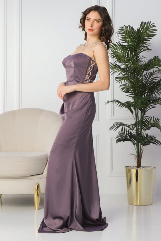 Satin dress with crystal band and sides in mauve color