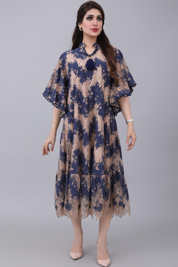 Lace robe with elegant design, navy blue with beige color 