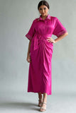 Pleated shirt dress decorated with crystals and feathers in fuchsia