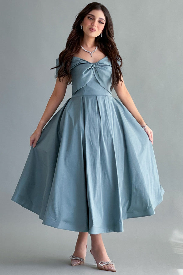 Off-shoulder evening dress with bow, Tiffany color