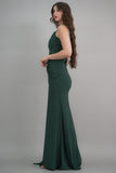 Green one-shoulder jersey evening dress embroidered with crystals