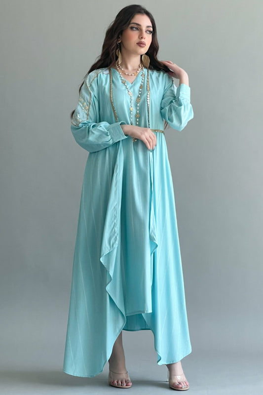 Jalabiya with embroidered off-the-shoulder coat, blue