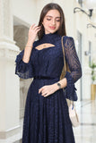 Lace midi dress with velvet belt, navy blue 