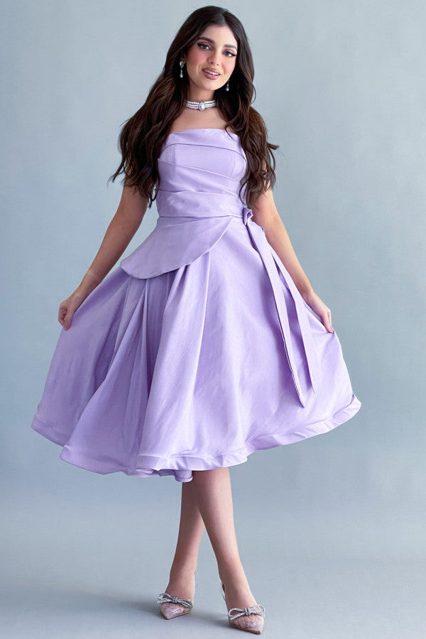 Short, fluffy evening dress with pleats, mauve color