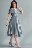 Short evening dress with pleats and off-shoulder collar, olive color