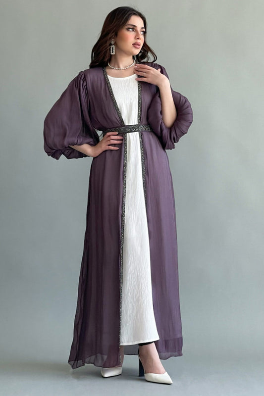 Mauve embroidered belted open coat dress