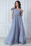 Gray evening dress with ruffle sleeves