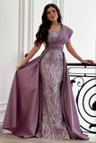 One-shoulder embroidered evening dress, mauve color