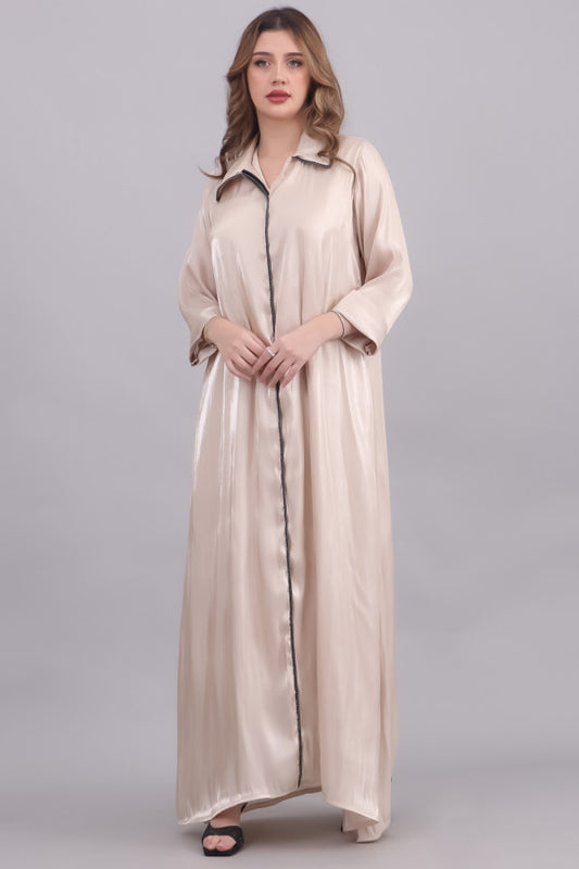 Beige shiny satin shirt dress