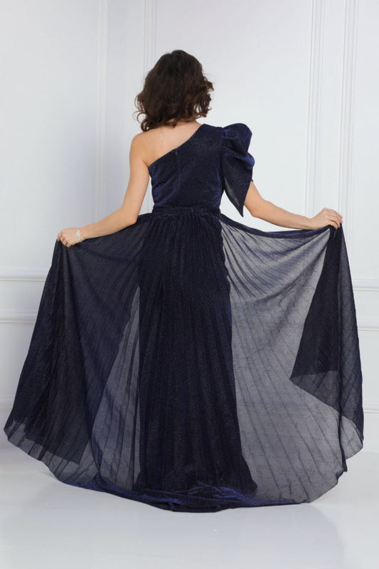 Navy one-shoulder shiny jersey dress