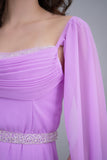 Soft evening dress with cape sleeves and an embroidered belt, lavender color