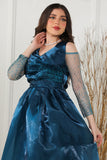 Fluffy evening dress decorated with turquoise beads