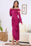 Midi dress with an embroidered collar and decorated with fuchsia feathers
