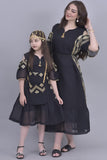 Girls' oriental jalabiya with open shoulder, embroidered, black