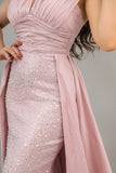 Evening dress embroidered with a pink train design