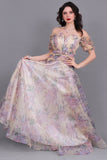 Floral organza evening dress with pleats at the waist, beige color