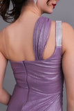 One-shoulder evening dress decorated with a crystal ribbon, mauve color