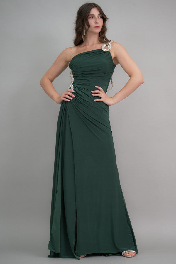 Green one-shoulder jersey evening dress embroidered with crystals