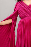 One-shoulder cape-sleeve plaid dress in fuchsia color