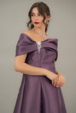 Mikado taffeta evening dress with bow sleeves, mauve color