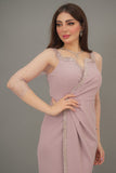 Pink maxi dress with tulle sleeves decorated with crystal ribbon