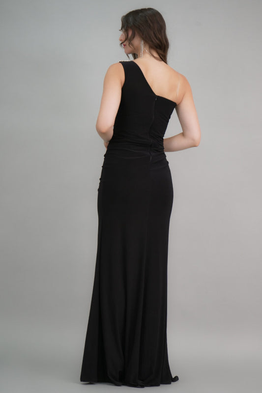 Black one-shoulder jersey evening dress embroidered with crystals