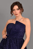 Short layered sequin evening dress, navy blue