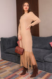 Winter dress decorated with frills, long sleeves, beige 