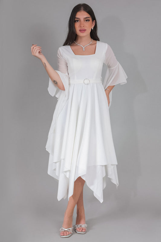 Square neck dress with contrasting length hem, white